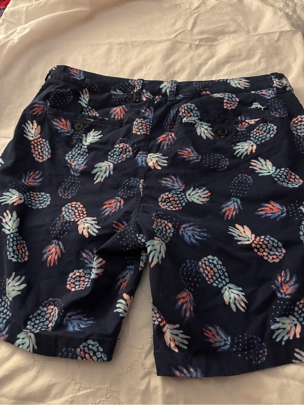 Tommy Bahama Navy Pineapple Print Swim Shorts with Coral and Teal Accents